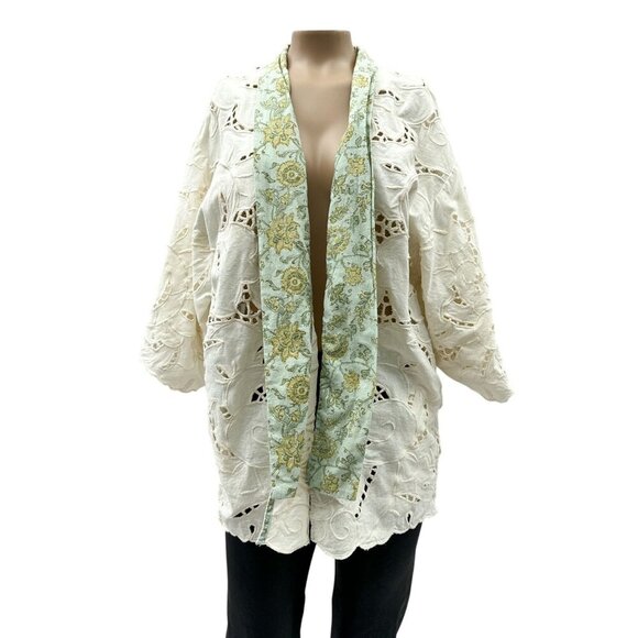 Anthropologie Floreat Boho Lace Kimono Laser Cut Linen Cotton White Green‎ OS - Picture 4 of 14